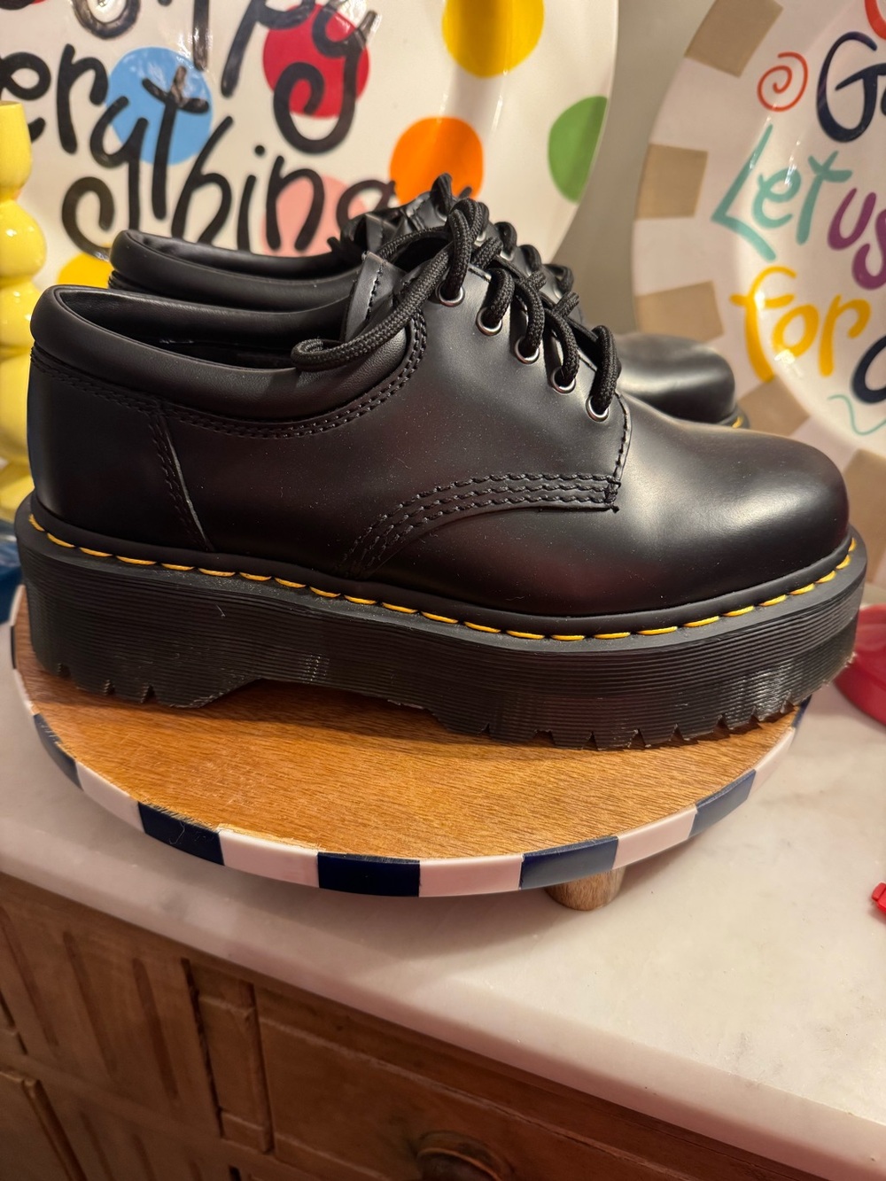 Dr. Martens Black Platform Lace-Up Shoes with Yellow Stitching